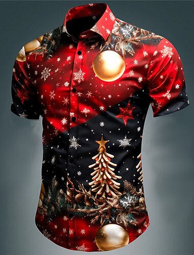 christmas santa claus tree bell casual herreskjorte daglig bruk gå ut helg høst / høst turndown korte ermer svart, hvit, rød s, m, l 4-veis stretch stoff skjorte