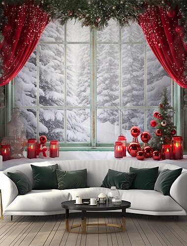  クリスマスの飾り 雪 赤いカーテン 吊り下げタペストリー 壁アート クリスマス 大きなタペストリー 壁画 装飾 写真 背景 ブランケット カーテン 自宅 寝室 リビングルーム 装飾