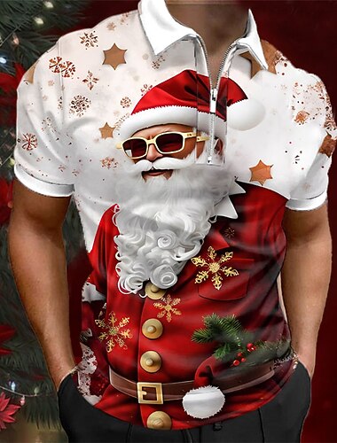  Boże Narodzenie męski święty mikołaj 3d zamek błyskawiczny polo święty mikołaj swobodny nadruk 3d zamek błyskawiczny golf outdoor codzienne ubranie streetwear poliester krótki rękaw koszule z zamkiem