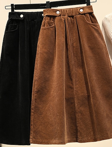  Mujer Falda Línea A Midi Alta cintura Faldas Bolsillo Color sólido Calle Diario Invierno Pana Moda Casual Negro Marrón