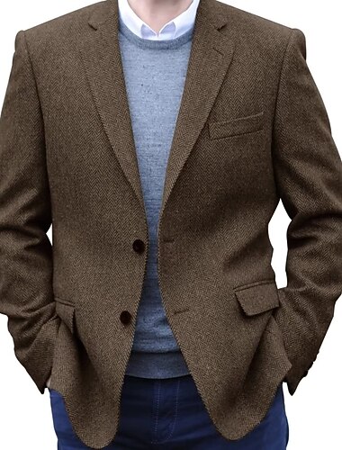  Voor heren Tweed blazer Inkeping kraag Retro vintage Visgraat Blazer Zwart khaki Donkerblauw Grote maten Enkele rij knopen met twee knopen