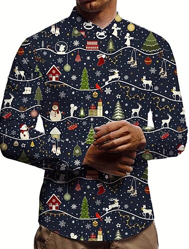  christmas tree casual herreskjorte daglig slitasje går ut høsten &amp; vinter turndown langermet mørk marineblå s, m, l skjorte i 4-veis stretchstoff