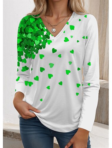  Valentins Frauen Herz T-Shirt Süßes rotes Tee Valentinswochenende Mode Langarm V-Hals roter Frühling  Herbst