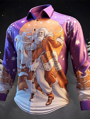  camicie stampate da uomo con babbo natale natale babbo natale casual abbigliamento quotidiano uscite autunno&amp;inverno turndown manica lunga giallo, rosa, blu reale s, m, l tessuto elasticizzato in
