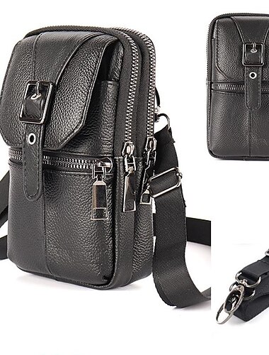  Multifunctionele schoudertas van echt leer voor heren, mobiele telefoon, crossbodytas, telefoonholster, leren riem, heuptas, kleine koerierstas