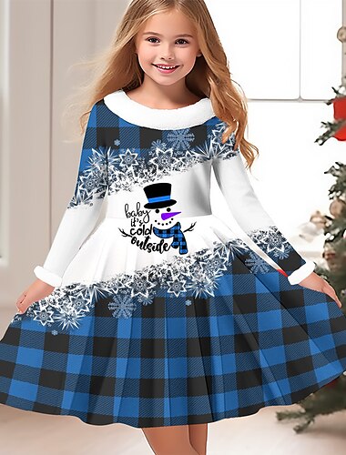  Meninas 3D Xadrez Boneco de Neve Floco de Neve Vestido Vestido Floco de Neve Manga Longa Impressão 3D Outono Inverno Férias Desportos e Ar livre Diário Estilo bonito Casual Lindo Infantil 3-12 anos