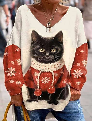  Wohnungs Tunika Übergröße Sweatshirt Pullover Aktive Sportbekleidung Lustige Katze Lässig Sport V-Ausschnitt Druck Locker Passform Langarm Schwarz Rot Marineblau Blau Beige Herbst  Winter