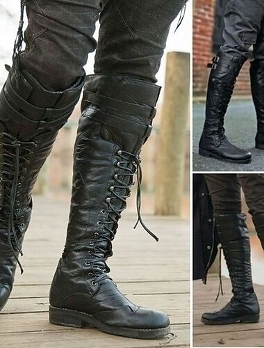  bottes hautes noires à lacets pour hommes avec sangles à boucle – bottes de combat militaires de style vintage pour l'extérieur et les vêtements décontractés