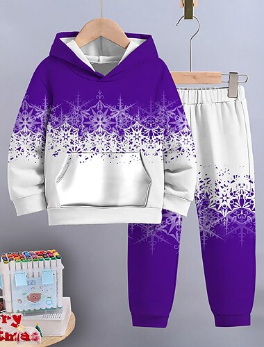  男の子 3D スノーフレーク柄 クリスマスセット パーカー＆スウェットパンツセット 長袖 3Dプリント 秋 冬 活発的 ファッション クール 子供 3〜12年 フード付き アウトドア バケーション ストリート レギュラー
