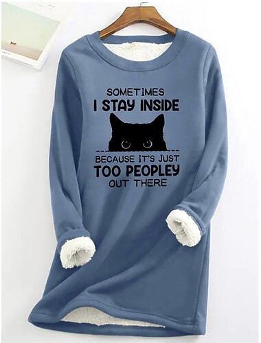  Damen-Sweatshirt, Pullover, Fleece-Futter, Katzen-/Buchstabenmuster, Street-Look, lässig, Teddy, flauschig, bequem, Rundhalsausschnitt, langärmeliges Oberteil, mikroelastisch,