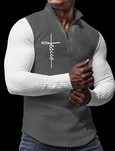  Herren Waffel-Poloshirts Reißverschluss-Polo Golf Poloshirts Langarm Polo-Shirts Reißverschluss Lässig Alltagstauglich 3D Druck Herbst Winter Schwarz Weiß Dunkelgray