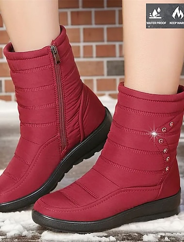  Women's Boots Snow Boots Waterproof Boots Plus Size Daily Solid Color Fleece Lined Mid Calf Boots Booties Ankle Boots Winter Rhinestone Flat Heel Round Toe Plush Comfort Minimalism Polyester Loafer