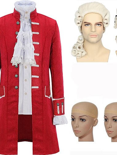  Set mit Rüschenhemd, Jacquard-Trenchcoat, Kolonialperücke, 2 Perückenkappen, mittelalterliche viktorianische Outfits für Herren, Retro-Vintage-Prinzessin, Vampir, Cosplay-Kostüm, Halloween,