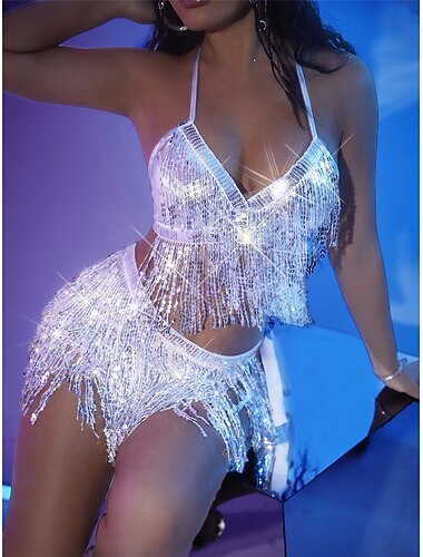  Metallisch Rückenfrei Glitzern Rock Trägertop Bauchfreies Tanktop Disco Tiefer V-Ausschnitt Damen Party Club Pride Parade Erwachsene Rock Tanktop