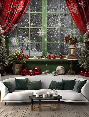  juledekorasjoner snø rød gardin hengende billedvev veggkunst jul stor billedvev veggmaleri dekor fotografi bakteppe teppe gardin hjem soverom stue dekorasjon