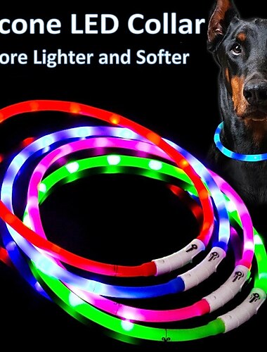  Collar LED de silicona para perro, recargable, 3 modos de luz, rápido, lento, sólido, más ligero, más suave, seguridad nocturna, intermitente, 70cm de longitud