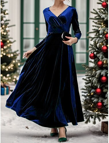  Damen Ballkleid Partykleid Baumwolle gerüscht V-Ausschnitt Langarm Midikleid Winterkleid stylisch Schwarz Wein Herbst Winter