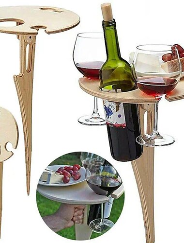  Mesa de vino al aire libre, mesa de vino plegable redonda, mesa de madera para picnic, mesa de playa, mesa de picnic de champán para exteriores, parque, césped, playa, picnic, soporte para copas de