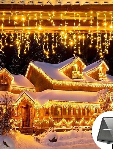  1 قطعة ضوء سلسلة جليدية شمسية LED، 4m-96leds 8 أوضاع، ستارة جليدية مقاومة للماء ضوء سلسلة خرافية ضوء عيد الميلاد، سقف، تزيين الشوارع التجارية