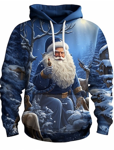  Рождественские мужские толстовки с капюшоном с изображением Санта-Клауса с 3D-принтом, модные толстовки с 3D-принтом для спорта, отдыха на природе, королевского синего цвета с длинными рукавами и