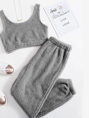  Solid Fuzzy Lounge Set Warm Tank Crop Top & Elastic Waistband Pants 2 PCS Women's Loungewear & Sleepwear Nightwear
