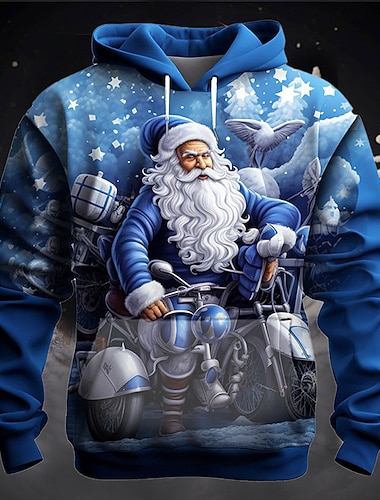  jul herre julenissen 3d hettegensere grafisk julenissen mote 3d print sport utendørs ferie ferie hettegensere blå mørkeblå lange armer hette print front pocket spring &amp;  høst designer skjorte