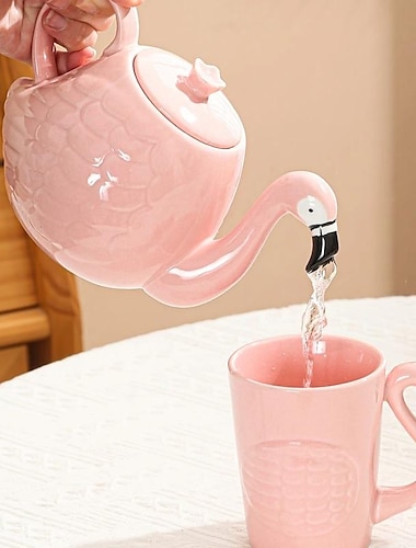  Flamingo-Teekanne – Blumentopf aus Keramik für Tee, Kaffee und Wasser – Geschenk aus weißem Knochenporzellan für die Teeverkostung und zum Verschenken