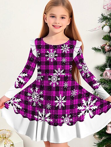  Mädchen' 3D Plaid Schneeflocke Schneeflockenkleid Rüschenkleid Langarm 3D-Druck Herbst Winter Urlaub Sport & Natur Täglich Kuschelig Brautkleider schlicht Schön kinderkleidung 3-12 Jahre Casual kleid