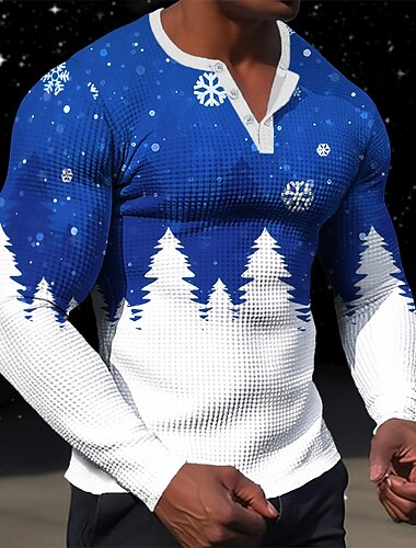  jul menns julescene henley t-skjorte grafisk farge blokk tre motedesigner uformell 3d-trykk henley vaffel sport utendørs ferie festival blå rød &amp; hvit oransje langermet henley skjorte