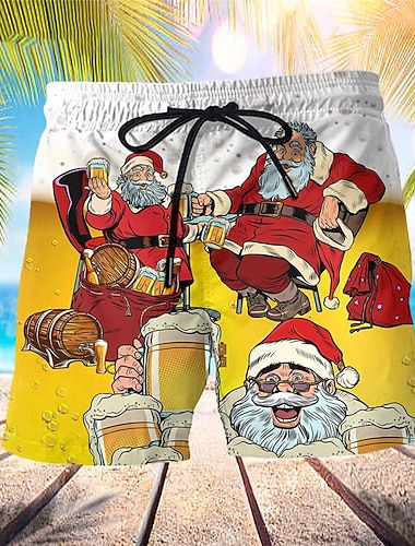  Herr Badshorts Boardshorts Snörning med meshfoder Elastisk midja jultomten Jul Öl Snabb tork Kort Helgdag Strand Hawaiisk Ledigt Gul Microelastisk