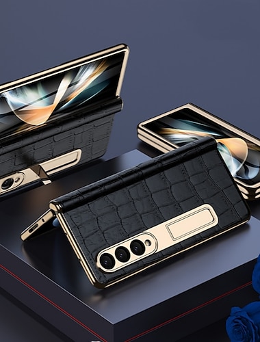  lædertelefontaske til samsung galaxy z fold 5 4 3 fold4 fold5 guldbelægning magnetisk hængselsstativ bagcover med spejlfilm