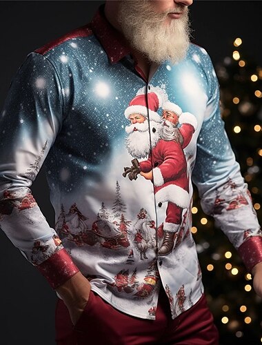  natale uomo babbo natale camicie stampate babbo natale casual abbigliamento quotidiano uscite autunno&amp;camicia invernale a maniche lunghe blu navy, blu, azzurro cielo s, m, l in tessuto