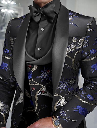  Heren Schoolfeest Bruiloft Smoking Feest Zwart + beige Marineblauw Jacquard Strak 3-delige set Enkele rij knopen met één knoop
