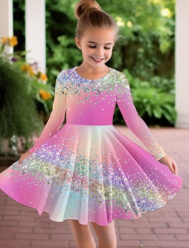  Meisjes 3D Kleurgradatie Jurk Lange mouw 3D-afdrukken Herfst Winter Vakantie Sport & Outdoor Dagelijks leuke Style Casual Mooi Kinderen 3-12 jaar Casual jurk A lijn jurk Boven de knie Normale pasvorm