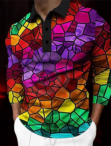  Miesten Kuvitettu Poolopaidat Golfpaita Pitkähihainen Poolopaidat Kauluspaidat Vapaa-aika Lomavaatteet Rave Wear Juhla-asut 3D-tulostus Napit Syystalvi Purppura Apila