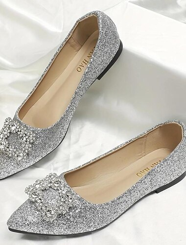  Zapatos planos con purpurina plateada para mujer con hebilla adornada con diamantes de imitación: elegantes zapatos de punta puntiaguda para bodas, fiestas y ocasiones especiales