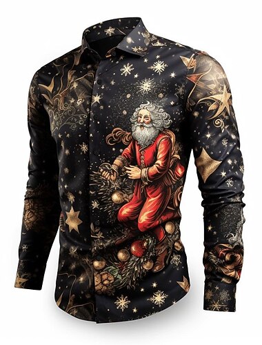  christmas menn julenissen trykte skjorter julenissen casual daglig slitasje går ut høsten &amp; vinter turndown lange ermer svart, burgunder, gull s, m, l 4-veis stretch stoff jul