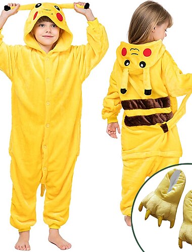  Set mit Flanell-Einteiler, Kigurumi-Pyjama, Krallenhausschuhen, 2-teiliges Set, Nachtwäsche, Tarnung, niedliches Pika-Pika-Cartoon-Tier, gemütliche Unisex-Hauskleidung für Kinder, Unisex