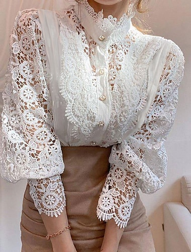  Mujer Camisa de encaje Blusa Parte superior con ojales Camisa de encaje blanca Color sólido Diario Agujero Negro Elegante Moda Cuello Camisero Primavera Otoño