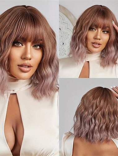  Perucas de cabelo encaracolado curto azul com franja perucas de cabelo de fibra sintética de 14 polegadas para mulheres perucas de cabelo elegantes para festa diária cosplay uso de halloween