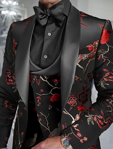  黒 赤 メンズ プロム スーツ ウェディング プロム タキシード 3 ピース ショールカラー 刺繍 ジャカード 花柄 鳥柄 プラスサイズ シングルブレスト ワンボタン 2024
