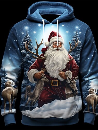  felpe con cappuccio uomo natale babbo natale 3d grafica babbo natale moda stampa 3d sport all'aria aperta vacanza felpe con cappuccio blu reale blu manica lunga con cappuccio stampa tasca frontale