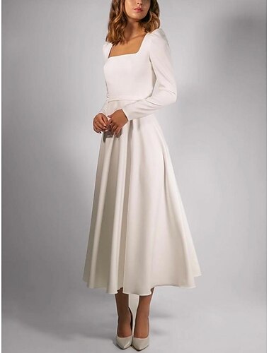  Einfache Brautkleider, A-Linie, quadratischer Ausschnitt, lange Ärmel, Teelänge, Brautkleider aus Stretchstoff mit Falten, einfarbig, 2024