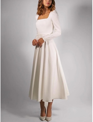  Mariage à la plage robes de mariage simples robes de mariage décontractées A-Line encolure carrée manches longues longueur thé tissu extensible robes de mariée avec plis couleur unie 2025