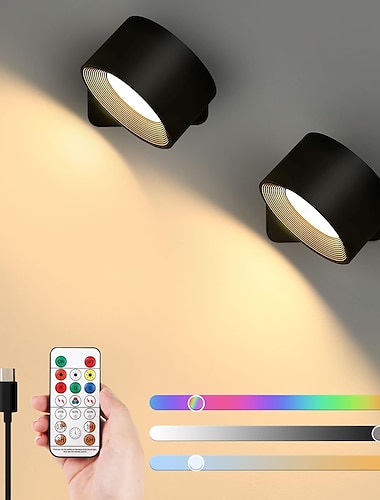  Lot de 2 lampes murales LED avec télécommande, lampe à rondelle à capteur, fonctionne sur batterie rechargeable de 3000 mAh, lumière sans fil tricolore à intensité variable, rotation magnétique à 360