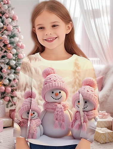  Mädchen 3D Schneemann T-Shirt Hemd Rosa Langarm 3D-Druck Herbst Winter Aktiv Modisch Kuschelig Polyester kinderkleidung 3-12 Jahre Rundhalsausschnitt Outdoor Casual Täglich Regular Fit