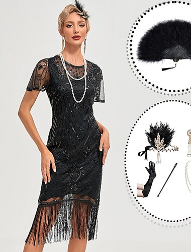  Set mit Midi-Flapper-Kleid, Feder-Stirnband, Fans, Opernhandschuhen, Halskette, Ohrringen, Zigarettenspitze, Damen-Outfits der 20er und 1920er Jahre, Cocktail-Maskerade, Hochzeit, Abschlussball,