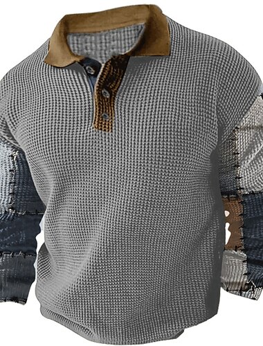  Herren Karomuster Golfshirt Langarm Polo-Shirts Hemden mit Kragen Vintage Lässig Urlaubskleidung Formelle Kleidung Festivalkleidung Knöpfe 3D-Druck Herbst Winter Dunkelmarine Blau Braun