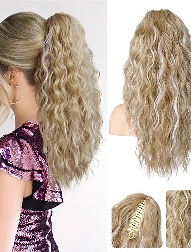  Extensión de cola de caballo Extensión de cola de caballo con clip de garra de 18 pulgadas para mujer postizo sintético ondulado largo y rizado para uso diario - marrón chocolate con reflejos rubios