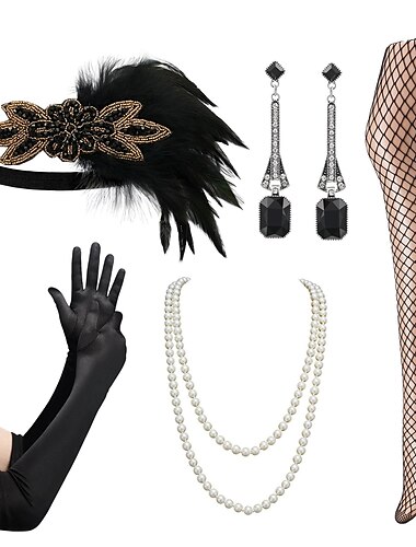  Retro Antiguo Rugido 20s 1920s Diadema de estilo flapper Guantes largos Conjunto de accesorios El gran Gatsby Invitado a la boda Pluma Mujer Carnaval Año Nuevo Mascarada Fiesta / Noche Recepción de
